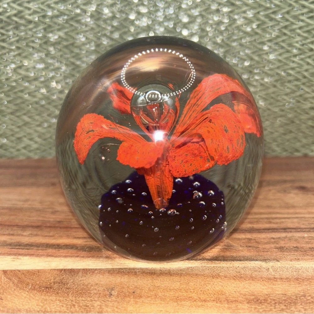 Paperweight Vintage Round Orange Flower Cobalt Blue Collectible Murano Style